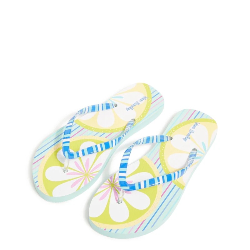 Vera Bradley Size 9-10 Women's Mint Floral Stripe Flip Flops with Blue Straps